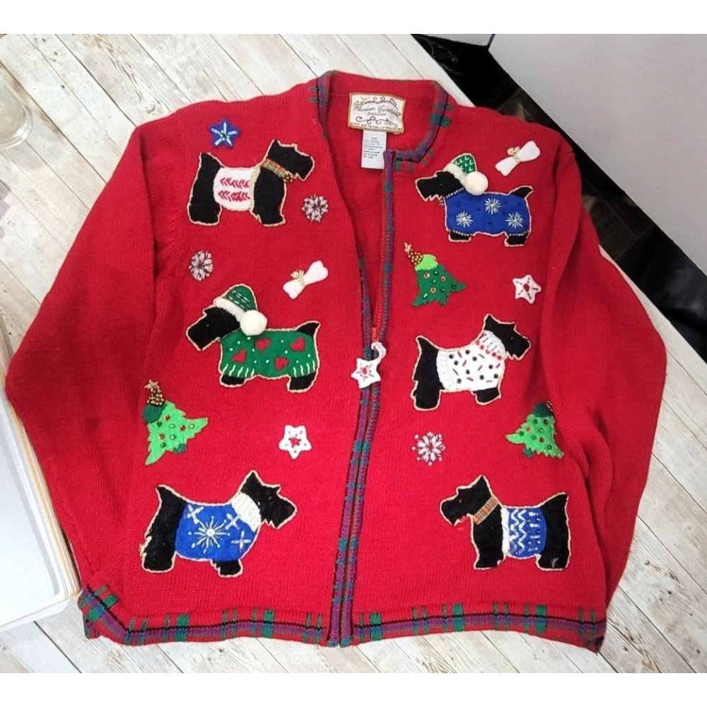 Vtg 90s Womens Petite M Christmas Scottish Terrier Dog Knit Cardigan Sweater Red